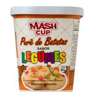 Pote de Mash Cup sabor Legumes com purê de batata e vegetais, produto prático e vegano.